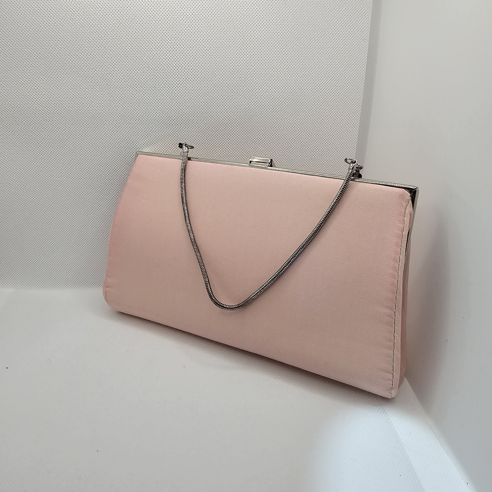 Satin Pink Evening Clutch with Silver Chain